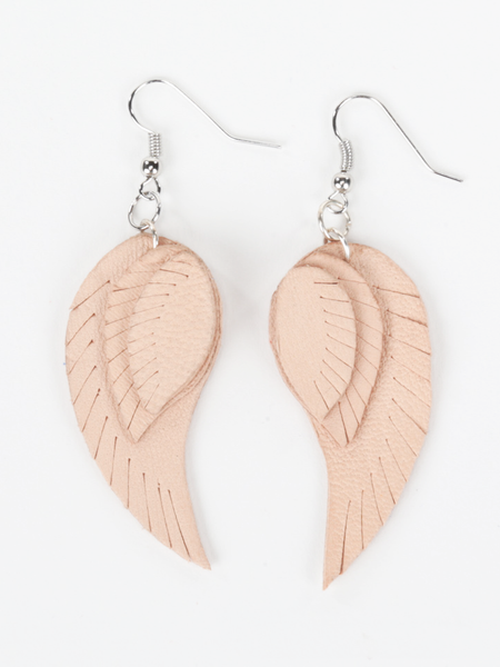 Natural leather wing shaped Angel Wing Earrings. Front view of a pair of earrings creating a heart shape.
