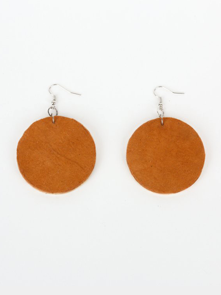 Tan leather Circle of Love Earrings with laminated pine dowel discs. Front view showing tan leather side of earrings.