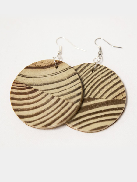 Plum leather Circle of Love Earrings with laminated pine dowel discs. Back view showing laminated pine dowel side of earrings.