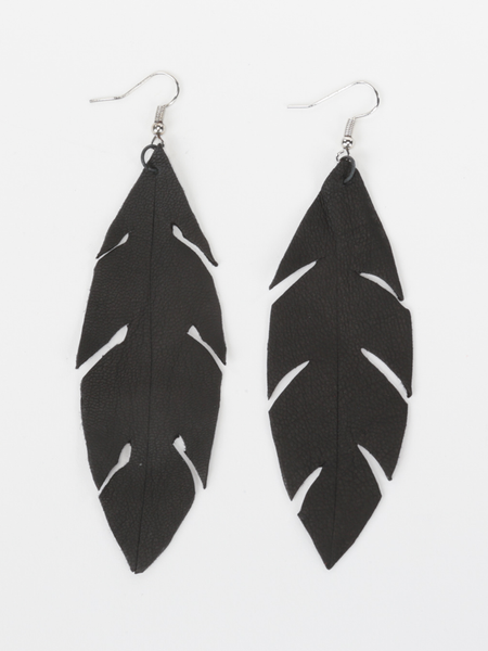 Black leather feather earrings. Front view.