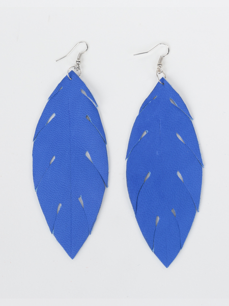 Royal blue leather feather earrings. Front view.