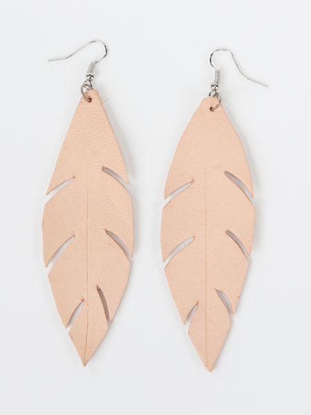 Natural leather feather earrings. Front view.