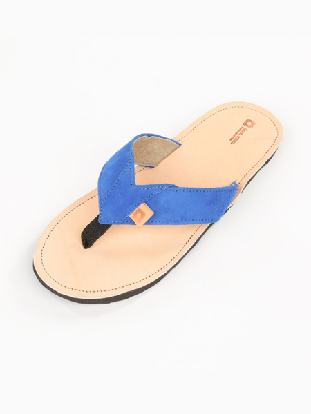 Leather Jean Robert Sandals with Upcycled Tire Tread Soles, and Blue Upper by deux mains. Top View.