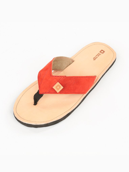 Leather Jean Robert Sandals with Upcycled Tire Tread Soles, and Red Upper by deux mains. Top View.