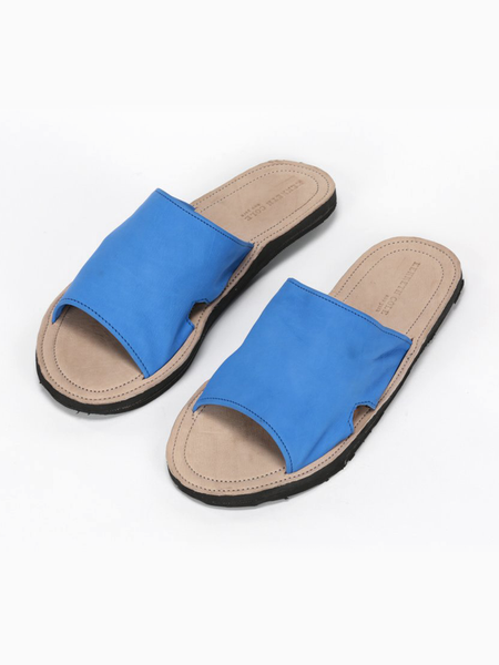 Leather Kenneth Cole Love Haiti for Him Sandals with Upcycled Tire Tread Soles, and Blue Upper by deux mains. Top View.
