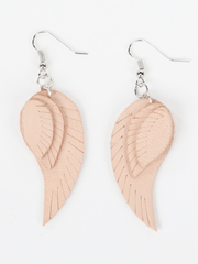 Natural leather wing shaped Angel Wing Earrings. Front view of a pair of earrings.