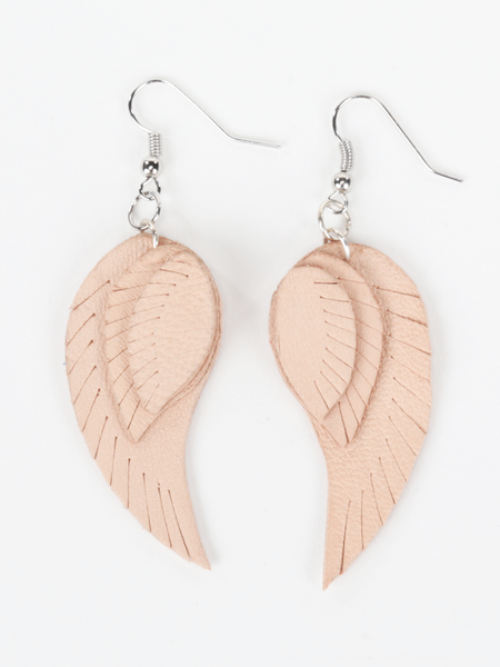 Natural leather wing shaped Angel Wing Earrings. Front view of a pair of earrings creating a heart shape. 