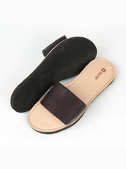 Leather Anne Sandals with Upcycled Tire Tread Soles, and Plum Upper by deux mains. Pair shows sole tire tread detail, and top view. 