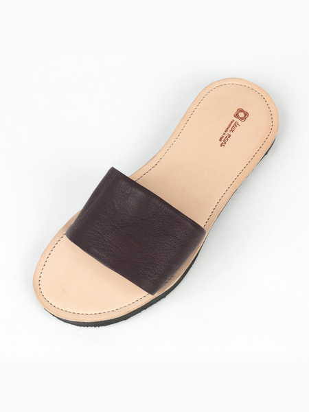 Leather Anne Sandals with Upcycled Tire Tread Soles, and Plum Upper by deux mains. Top View.