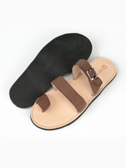 Leather Bel Nanm for Him Sandals with Upcycled Tire Tread Soles, and Brown Upper by deux mains. Pair shows sole tire tread detail, and top view. 