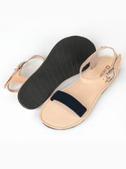 Leather Bel Nanm for Her Sandals with Upcycled Tire Tread Soles, and Black Upper by deux mains. Pair shows sole tire tread detail, and top view. 