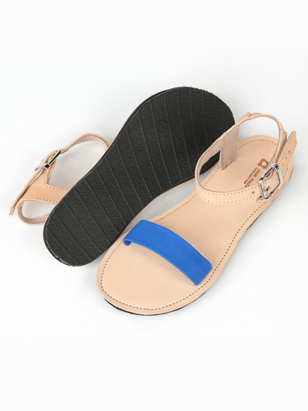 Leather Bel Nanm for Her Sandals with Upcycled Tire Tread Soles, and Blue Upper by deux mains. Pair shows sole tire tread detail, and top view. 