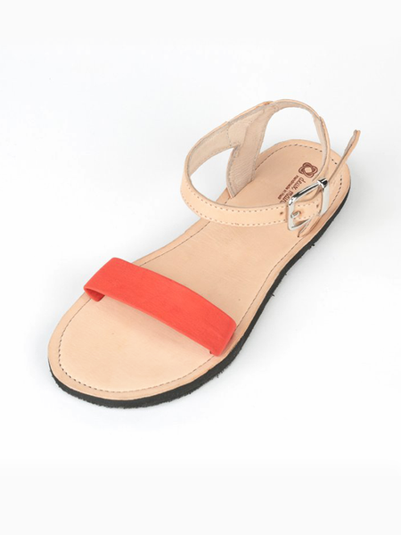 Leather Bel Nanm for Her Sandals with Upcycled Tire Tread Soles, and Red Upper by deux mains. Top View.