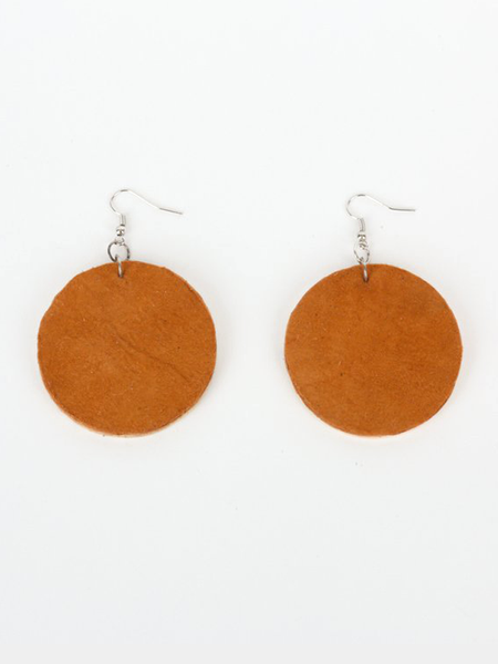 Tan leather Circle of Love Earrings with laminated pine dowel discs. Front view showing tan leather side of earrings. 