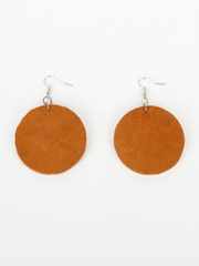 Tan leather Circle of Love Earrings with laminated pine dowel discs. Front view showing tan leather side of earrings. 