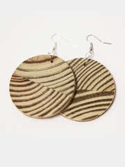 Tan leather Circle of Love Earrings with laminated pine dowel discs. Back view showing laminated pine dowel side of earrings. 