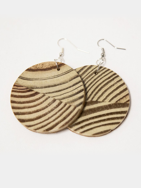 Plum leather Circle of Love Earrings with laminated pine dowel discs. Back view showing laminated pine dowel side of earrings. 