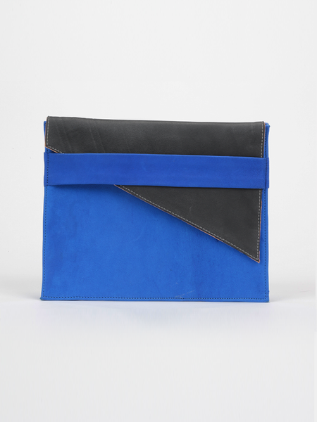Royal blue leather City Classic Clutch, with diagonal black contrast fold-over by deux mains. Front view.