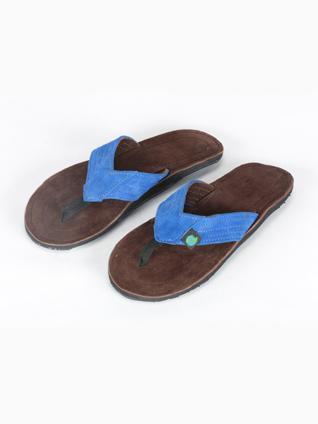 Leather Donald Sandals with Upcycled Tire Tread Soles, and Brown Insole, and Blue Upper by deux mains. Top View.