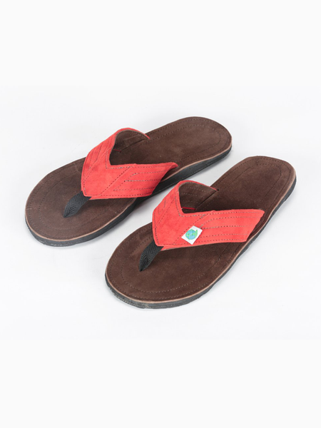 Leather Donald Sandals with Upcycled Tire Tread Soles, and Brown Insole, and Red Upper by deux mains. Top View.