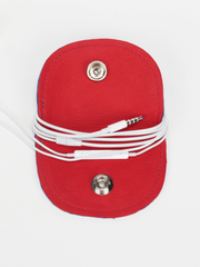 Royal blue and red leather  Bèl Mizik Earbud Holder with snap closure. Interior view showing the open red leather with earbuds wrapped around product.