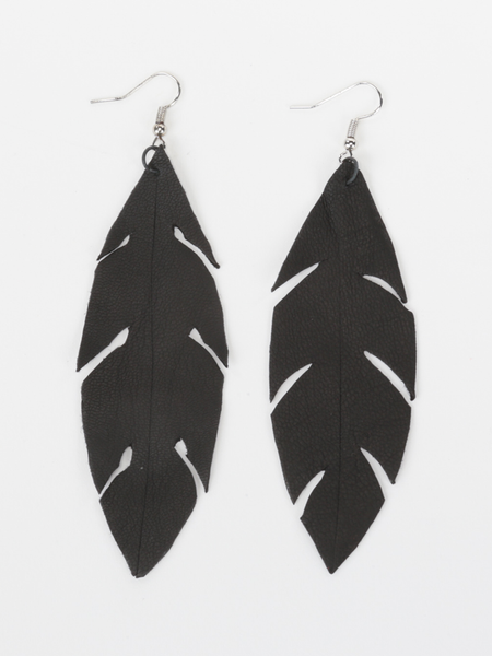 Black leather feather earrings. Front view. 