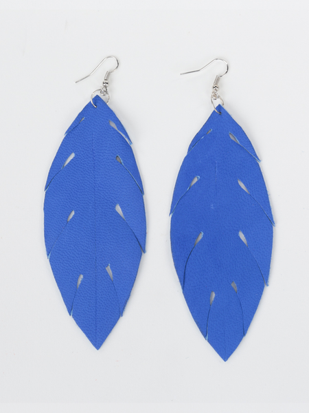 Royal blue leather feather earrings. Front view. 