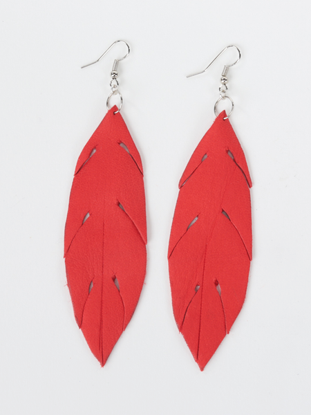 Red leather feather earrings. Front view. 