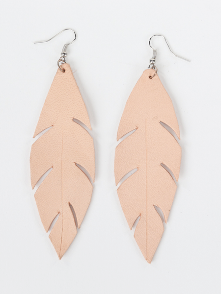 Natural leather feather earrings. Front view. 