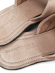 Leather Kenneth Cole Love Haiti for Her Sandals with Upcycled Tire Tread Soles, and Tan Upper by deux mains. Close Up Top View with Stitching Details. 